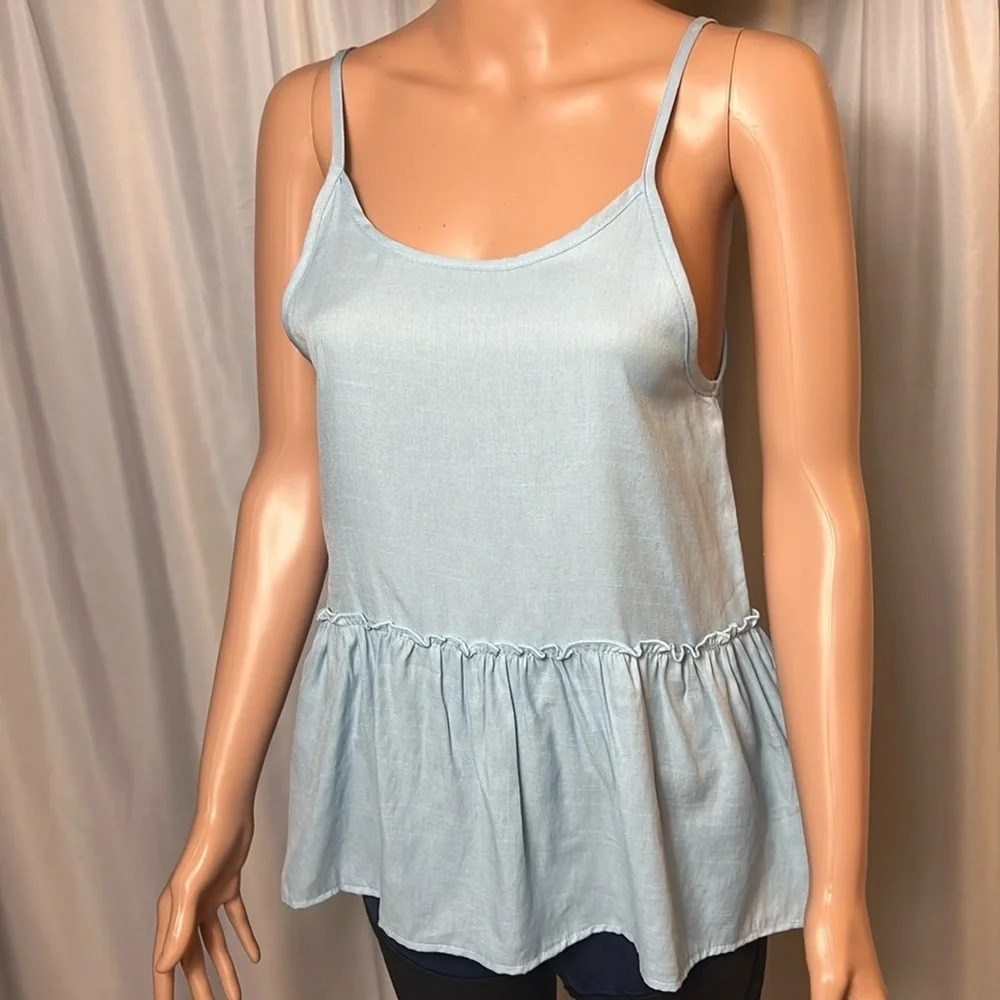 Jolie Tank Top Blue Flowy Casual Boho Round Neck Multiple Sizes Open Back Tie